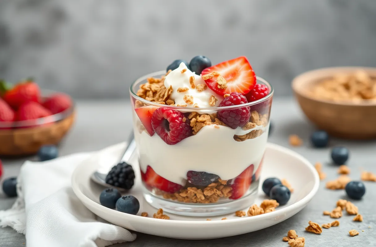 Greek yogurt parfait with mixed berries and granola providing 30 grams of protein