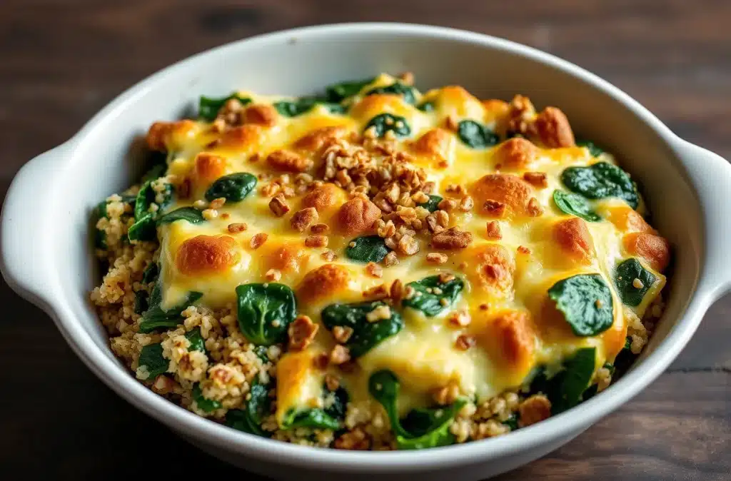 Golden baked casserole in a dish.