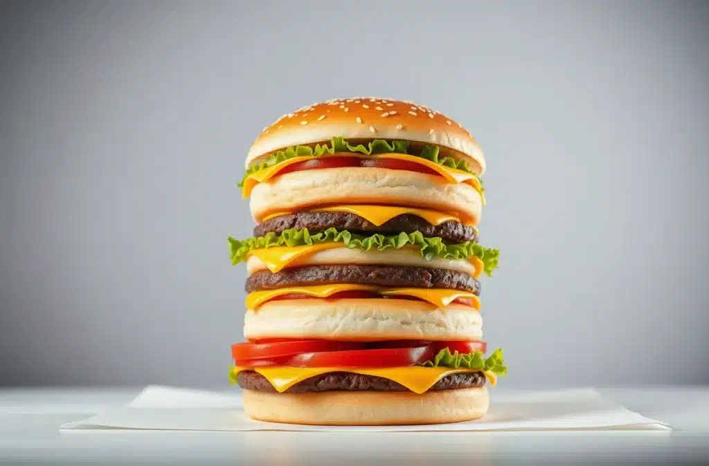 A towering conceptual triple Big Mac with three beef patties, cheese, lettuce, and special sauce stacked on a three-layer bun