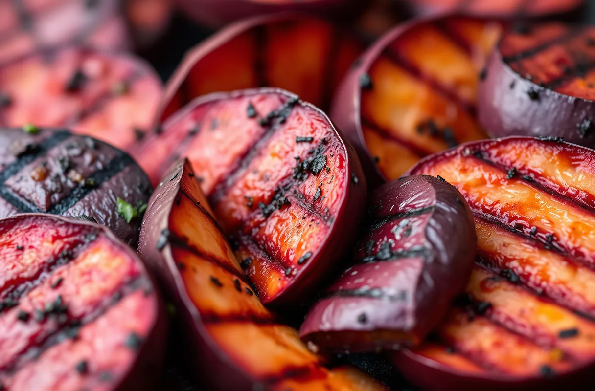 Grilled purple sweet potato rounds on a grill