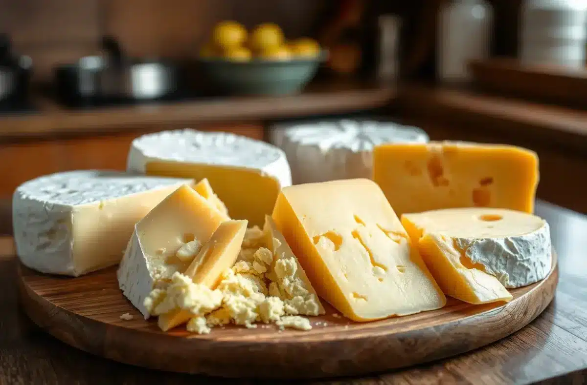 A cheese board with fresh cheeses like Brie and Cheddar alongside spoiled cheeses with mold and cracks, set in a cozy kitchen