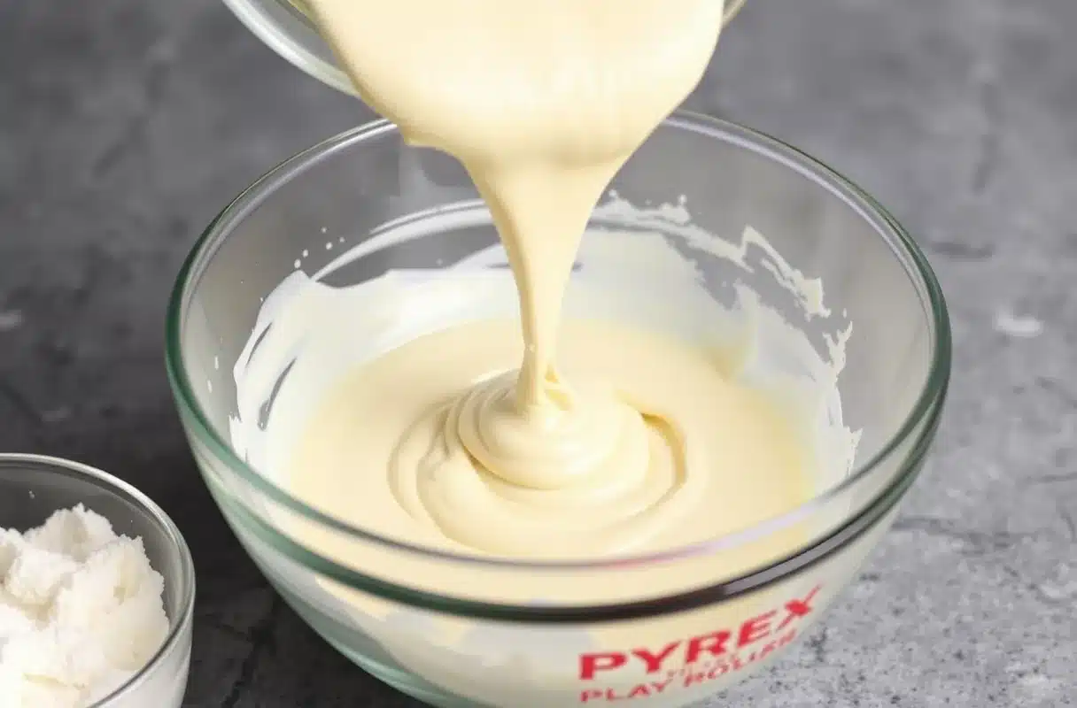 Baking a cake in a Pyrex mixing bowl with batter being poured