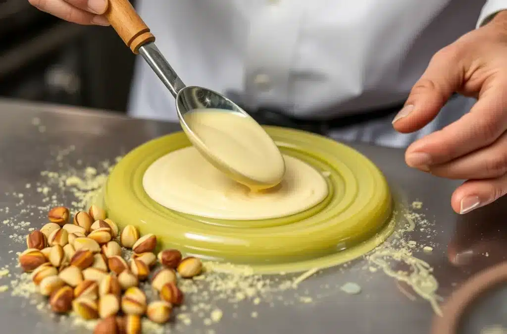 Tempering chocolate for Pistachio Chocolate Ba