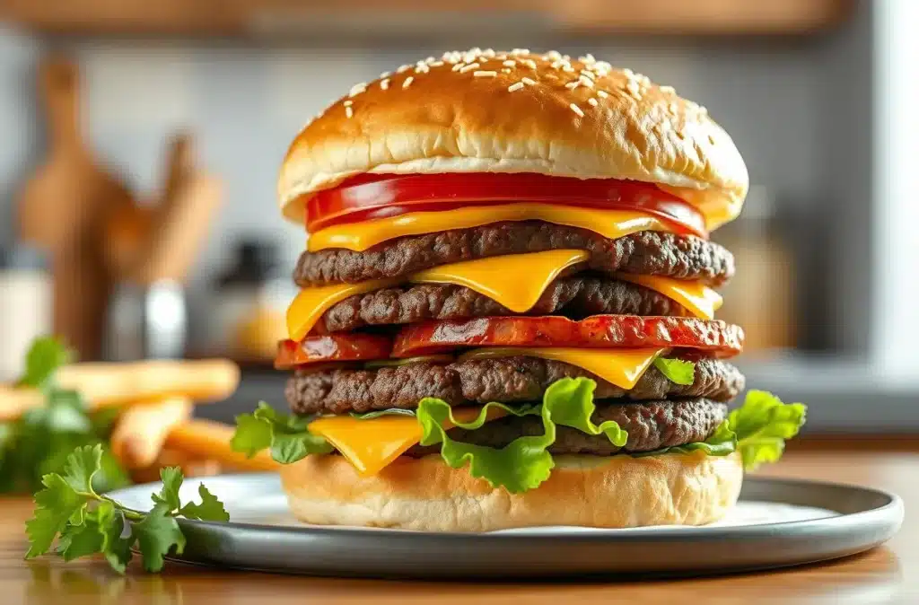 A homemade triple Big Mac assembled on a kitchen counter with fresh ingredients like lettuce, cheese, pickles, and special sauce