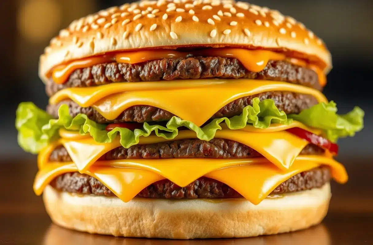 A Double Big Mac with four beef patties, special sauce, lettuce, and cheese on a sesame seed bun