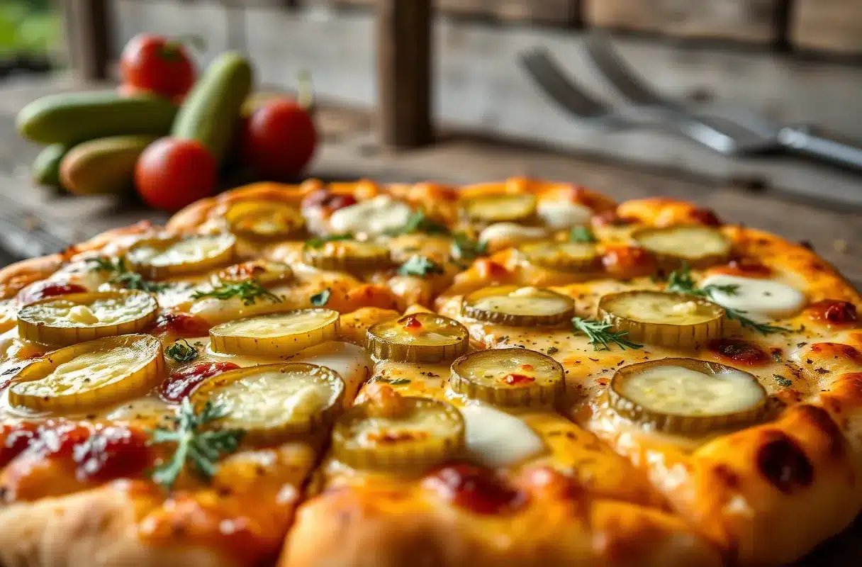 A close-up view of pickle pizza with melted cheese and dill garnishing