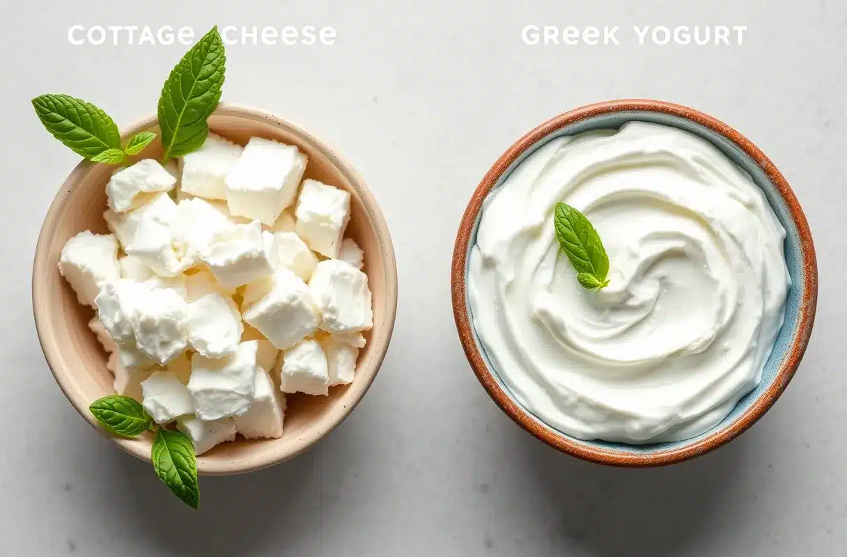 A side-by-side comparison of cottage cheese and yogurt in bowls on a rustic table.