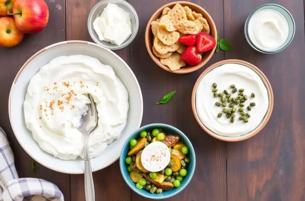 Breakfast options featuring cottage cheese with vegetables and yogurt with fruits