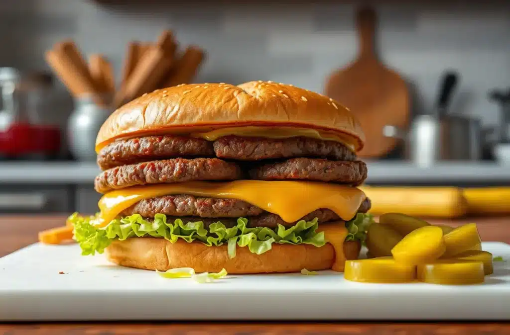 A homemade Double Big Mac with fresh patties, lettuce, and cheese on a kitchen counter