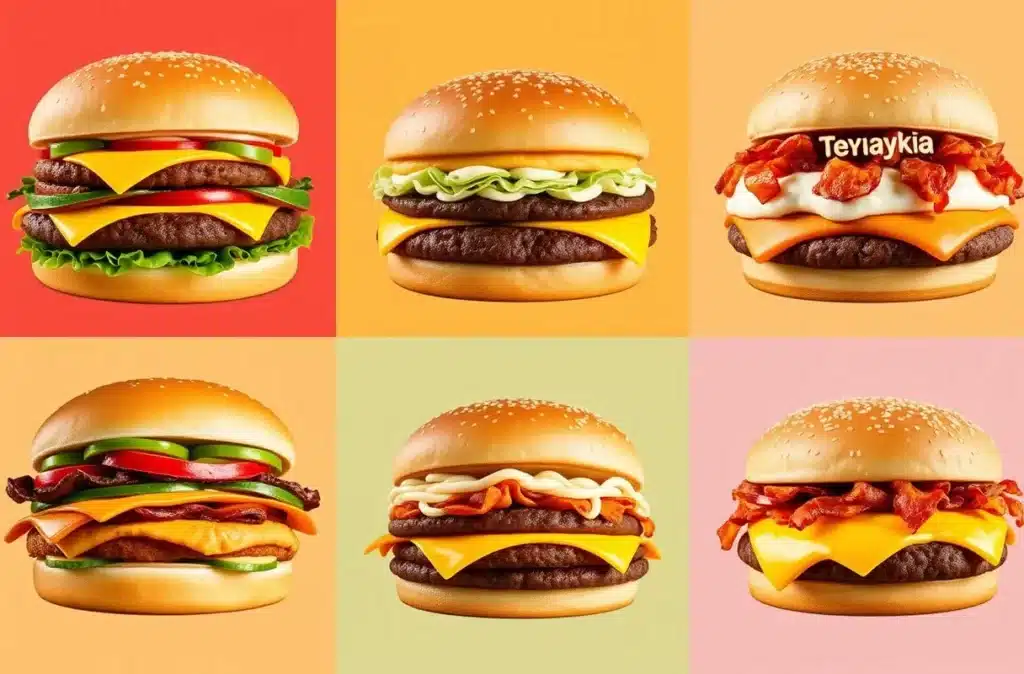 A collage of Double Big Mac variations, including spicy, teriyaki, and bacon versions