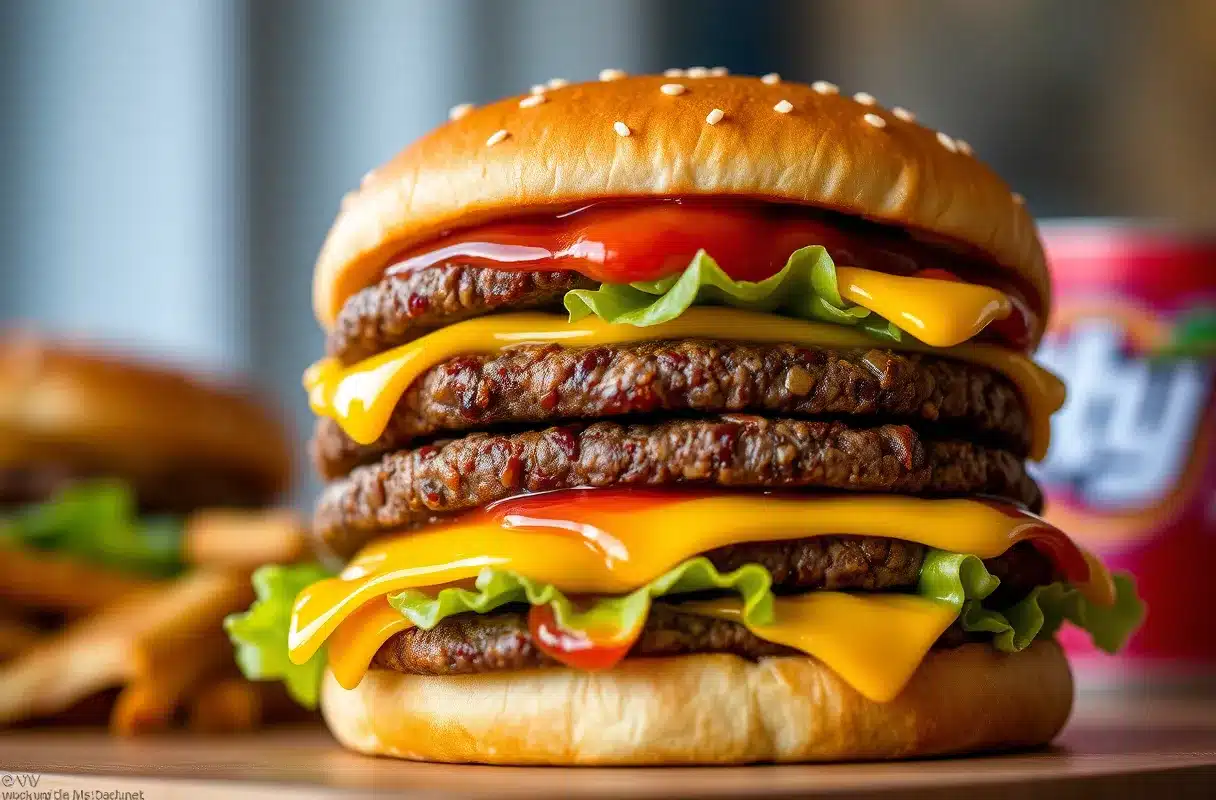 A Double Big Mac with four beef patties, cheese, lettuce, pickles, and special sauce on a sesame seed bun