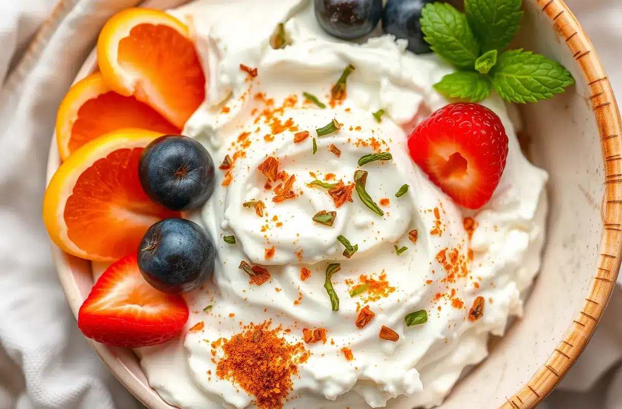 A bowl of cottage cheese with colorful toppings like fruits and herbs