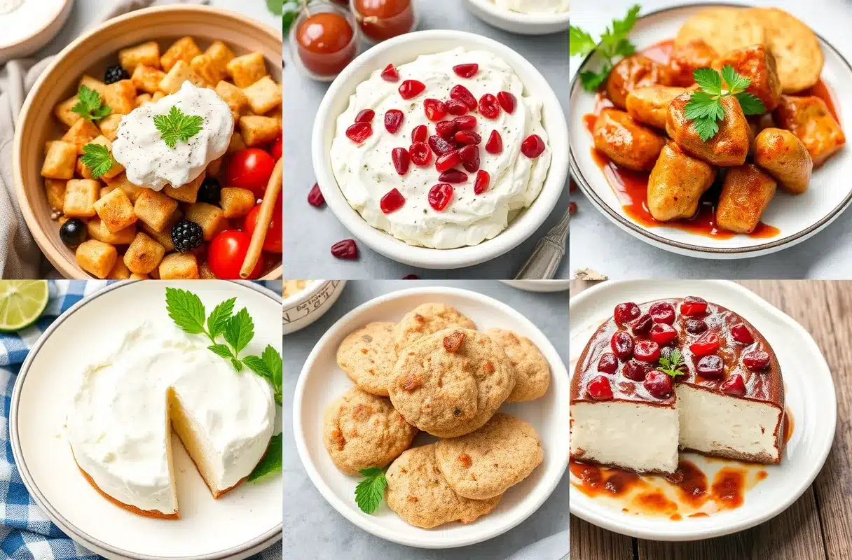 A variety of cottage cheese recipes including stuffed peppers, pancakes, and parfaits