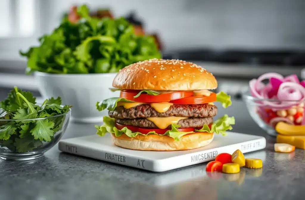 A healthier homemade Double Big Mac made with lean beef, whole-grain buns, and fresh vegetables