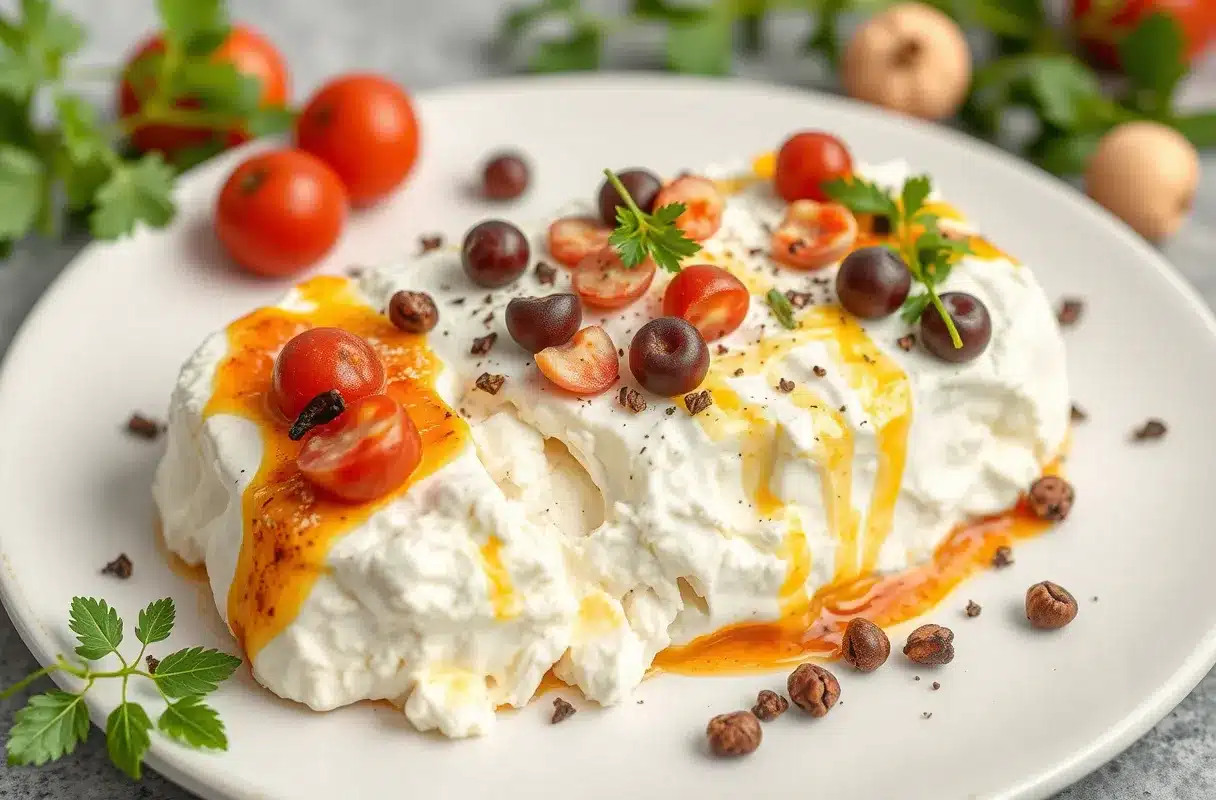 A bowl of cottage cheese surrounded by fresh fruits, nuts, and herbs