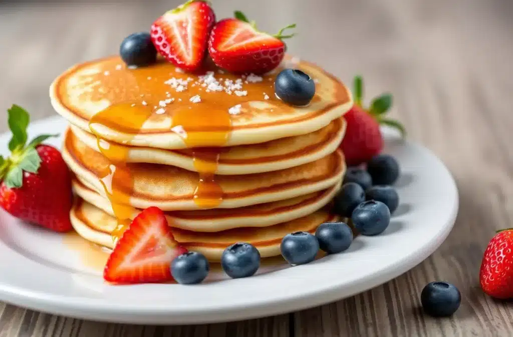 Fluffy cottage cheese pancakes topped with fresh berries