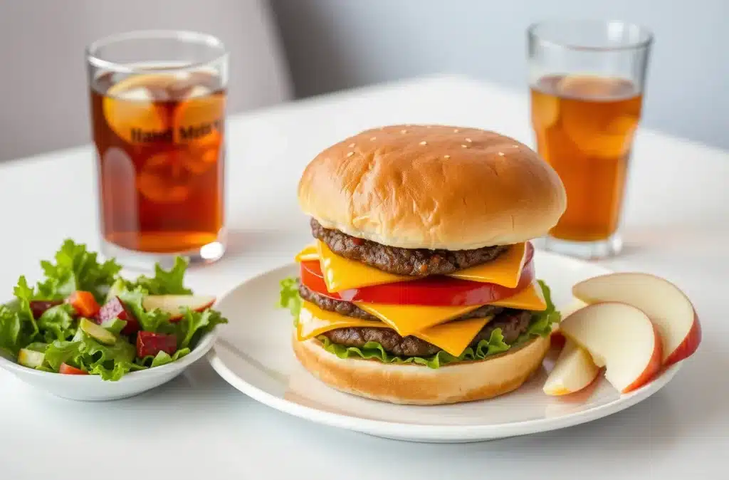 How unhealthy is a double Big Mac? A Double Big Mac served with a green salad, apple slices, and a glass of unsweetened iced tea