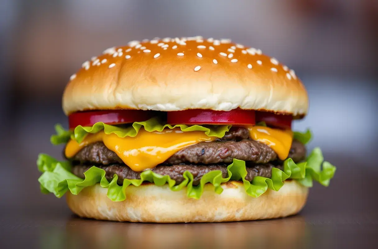 Close-up of a Big Mac with its layers of beef, lettuce, and sauce