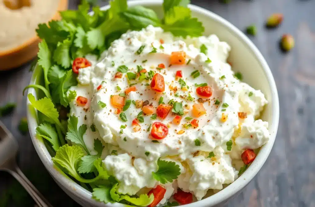 Cottage cheese bowl with pesto, cherry tomatoes, and fresh herbs