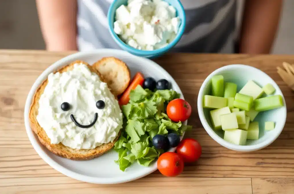 Mini pizzas on whole-grain English muffins with cottage cheese and colorful toppings