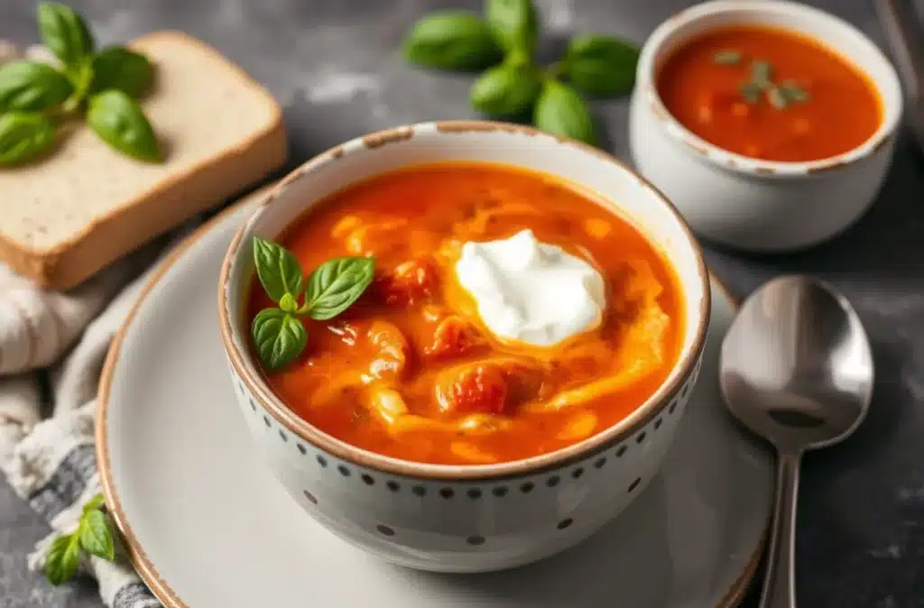 A bowl of creamy tomato soup with cottage cheese blended in