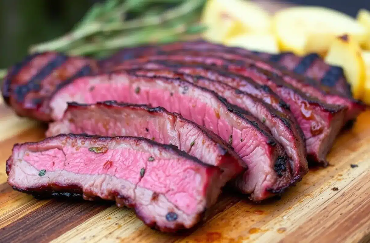 Perfectly grilled hanger steak slices arranged on a cutting board