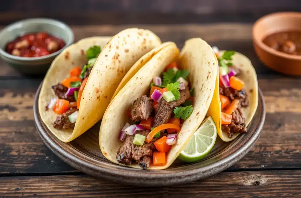 Hanger steak tacos with fresh toppings on a wooden plate