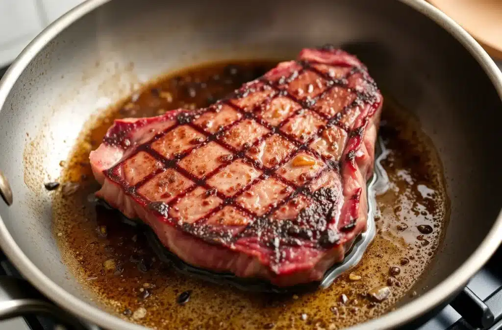 Hanger steak being seared in a cast-iron skillet