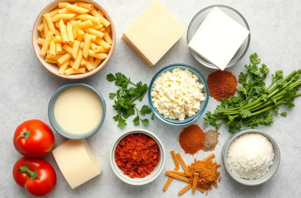 Cheese, pasta, milk, and seasonings arranged for making smoked mac and cheese.