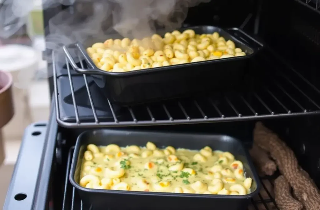 A smoker with a dish of mac and cheese being cooked