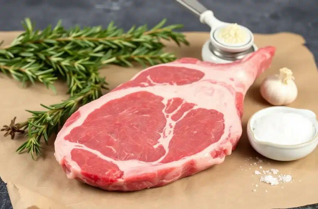 Raw hanger steak on a wooden cutting board with rosemary and garlic