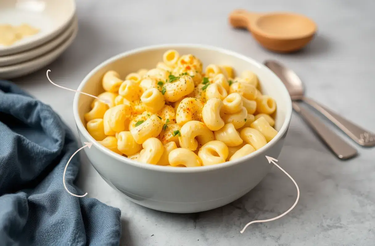 A bowl of mac and cheese sitting on a wooden table