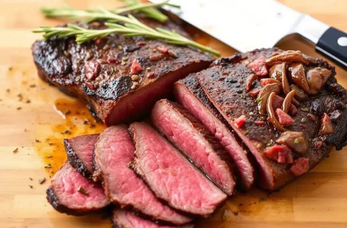 Perfectly cooked hanger steak sliced thinly against the grain