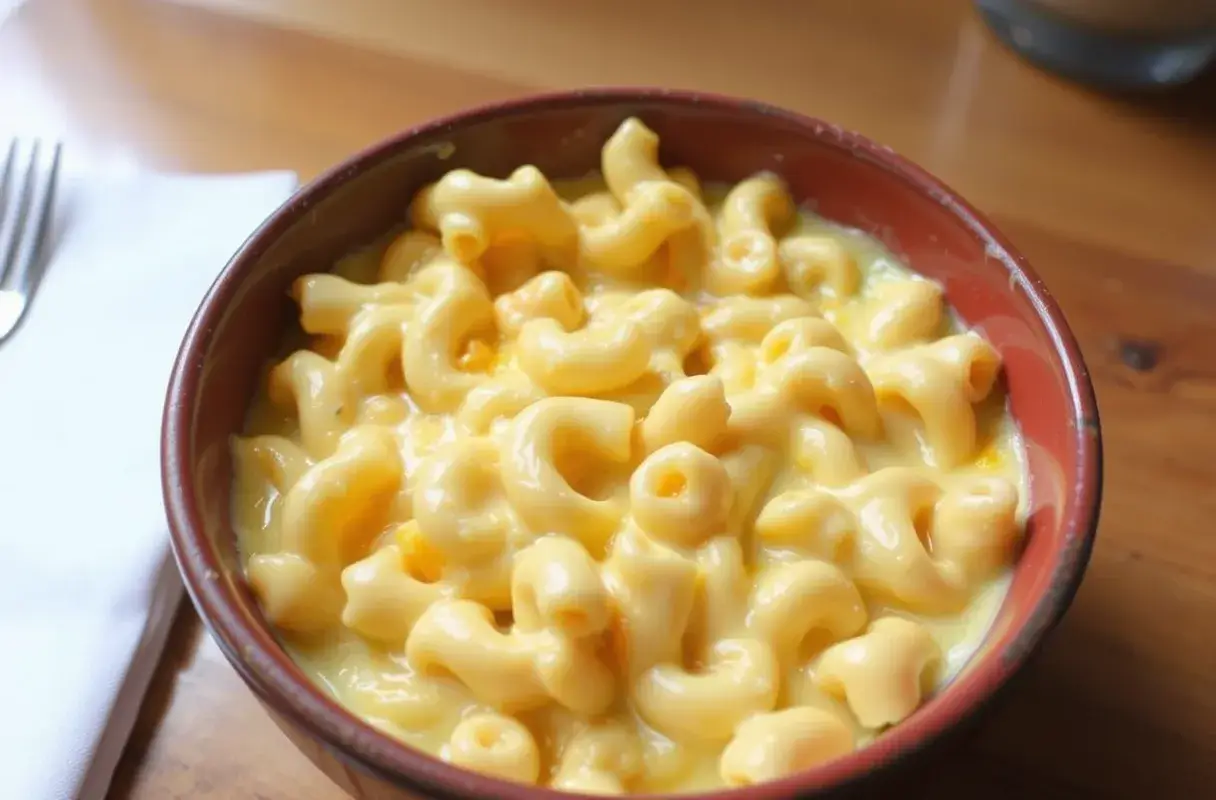 Freshly made mac and cheese in a white bowl.