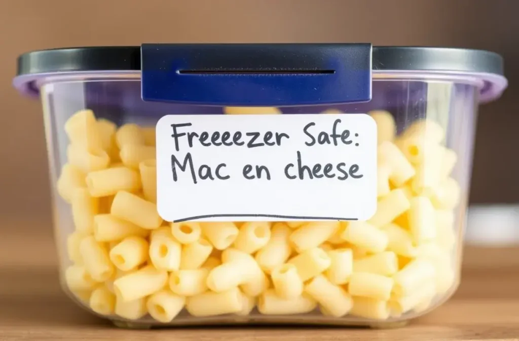 Mac and cheese stored in a labeled freezer-safe container.