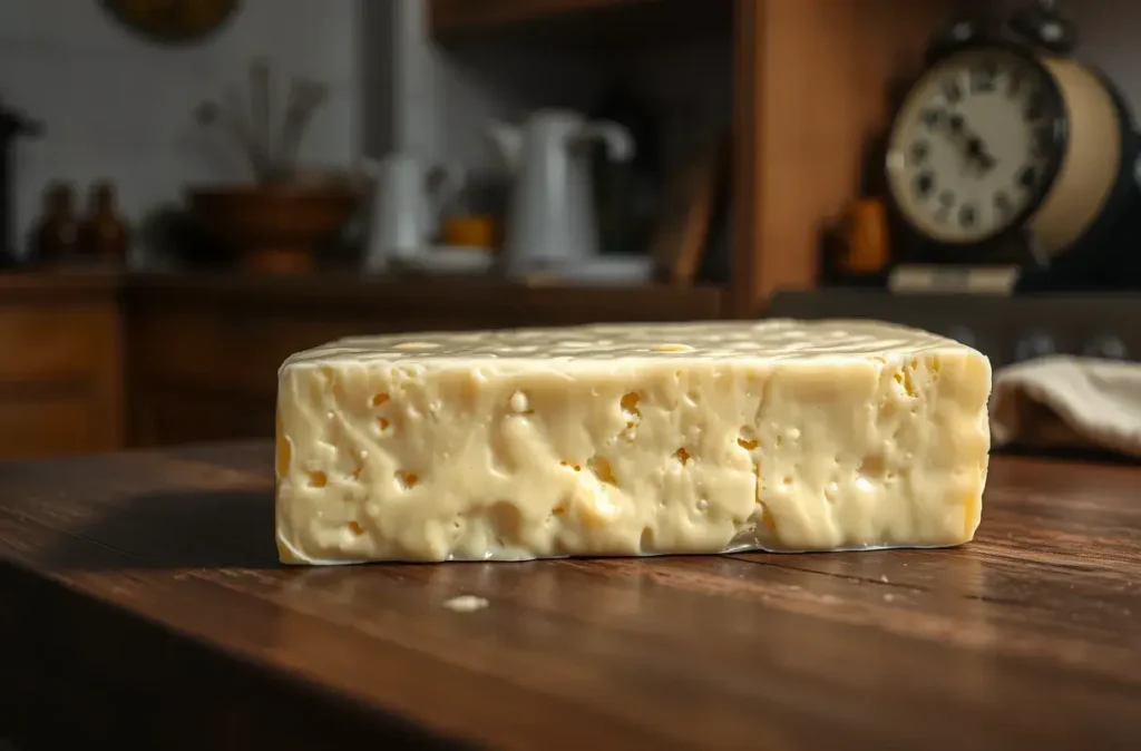 A block of soft cheese, like Brie, sitting on a wooden kitchen counter overnight with slight mold spots and melted edges : Is cheese still good after sitting out all night?