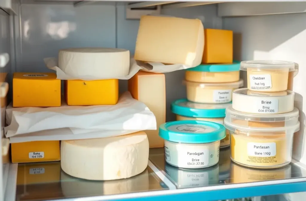 A refrigerator with neatly wrapped cheeses, including cheddar and Brie, stored in parchment paper and airtight containers with labels