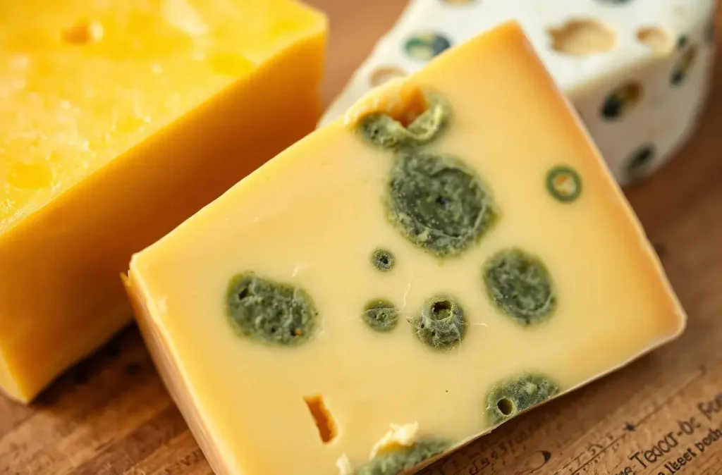 A close-up of a cheese board showing fresh cheese alongside spoiled cheese with mold spots, slimy texture, and cracks.