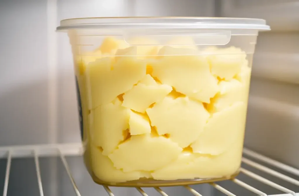 Mashed potatoes stored in an airtight container in the fridge