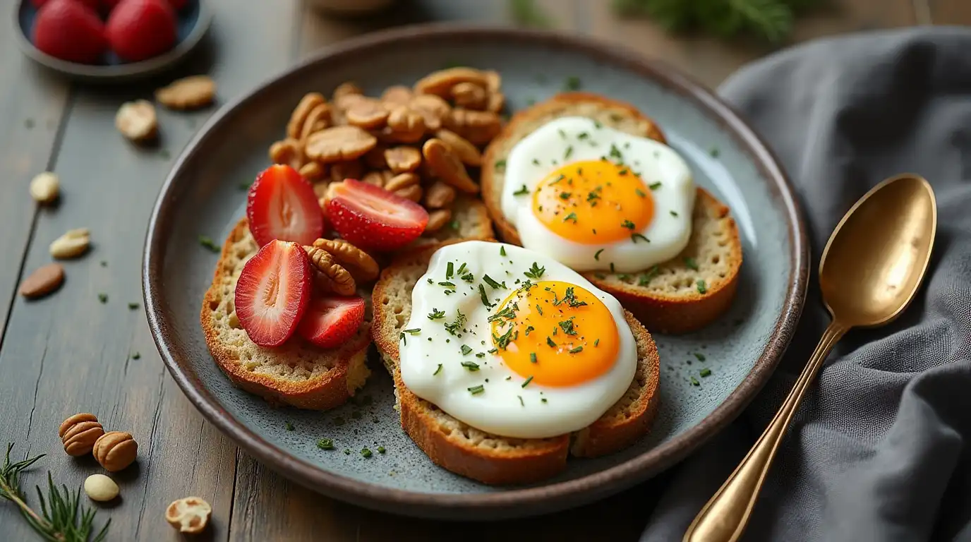 High-protein breakfast with eggs, Greek yogurt, and nuts