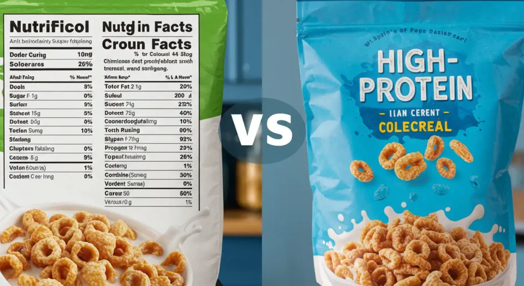 Side-by-side comparison of nutritional labels: regular cereal vs. protein cereal