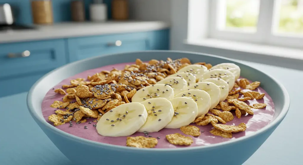 A smoothie bowl topped with protein cereal, bananas, and chia seeds