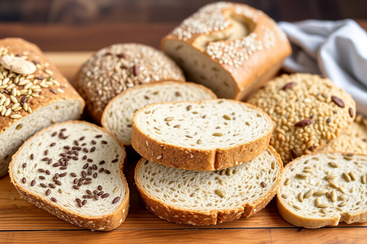 What bread has the most protein Slices of high-protein bread with seeds and grains on a wooden table