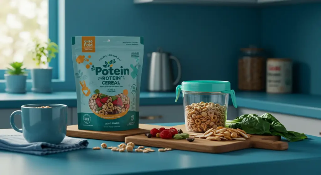 Eco-friendly packaging for protein cereal on a wooden countertop