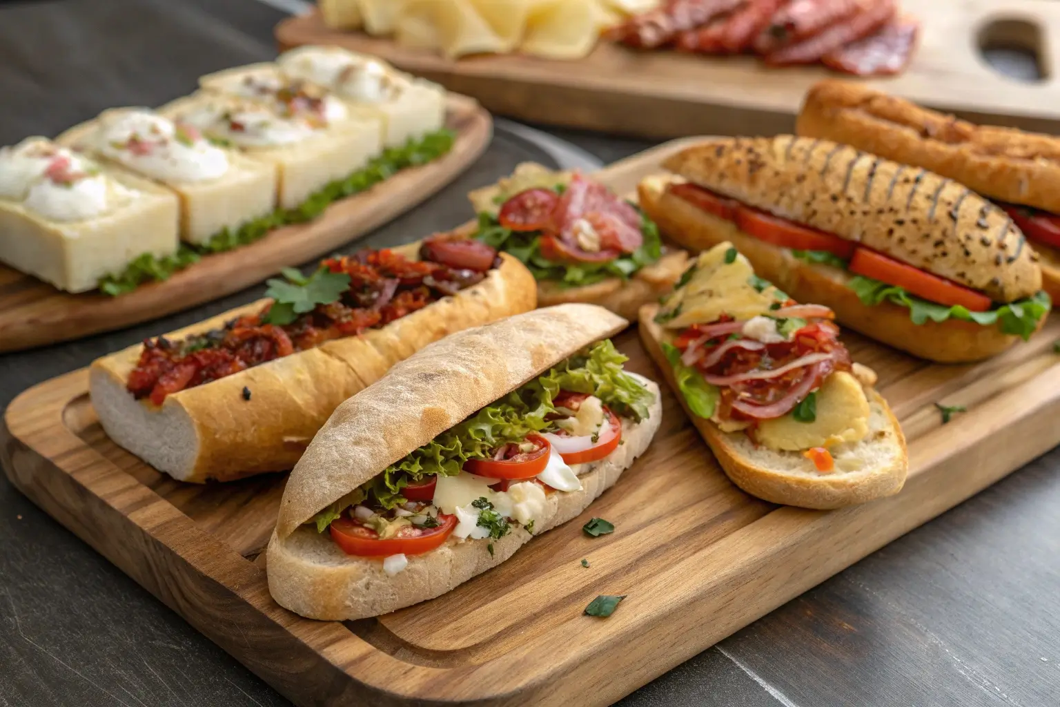 Assorted sandwiches on a wooden board