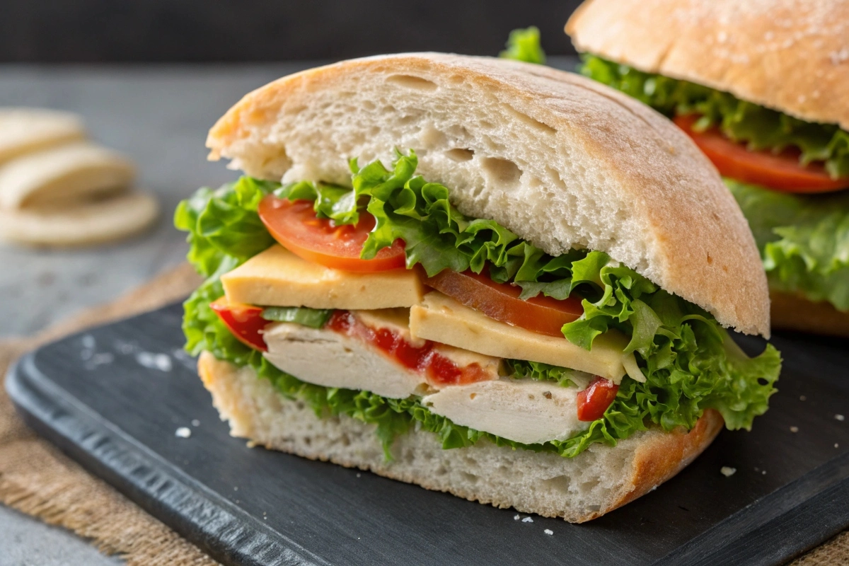 Close-up of a ciabatta sandwich with chicken, cheese, lettuce, tomato, and red pepper on a black cutting board.