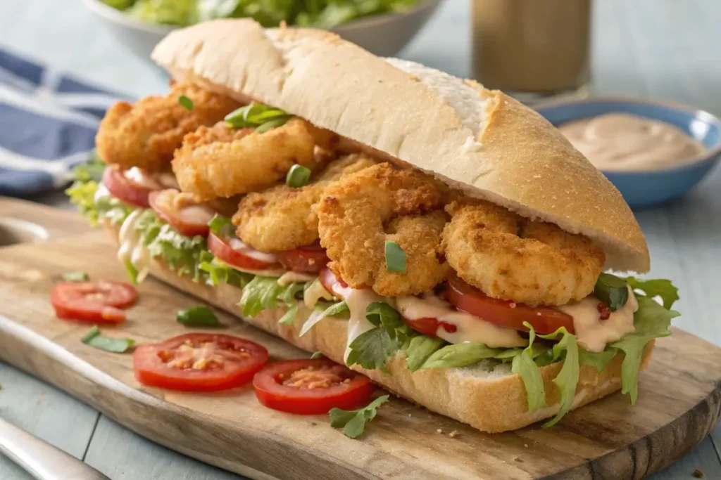 What is a New Orleans Sandwich Called? A prepared Fried Shrimp Po'boy on a wooden surface