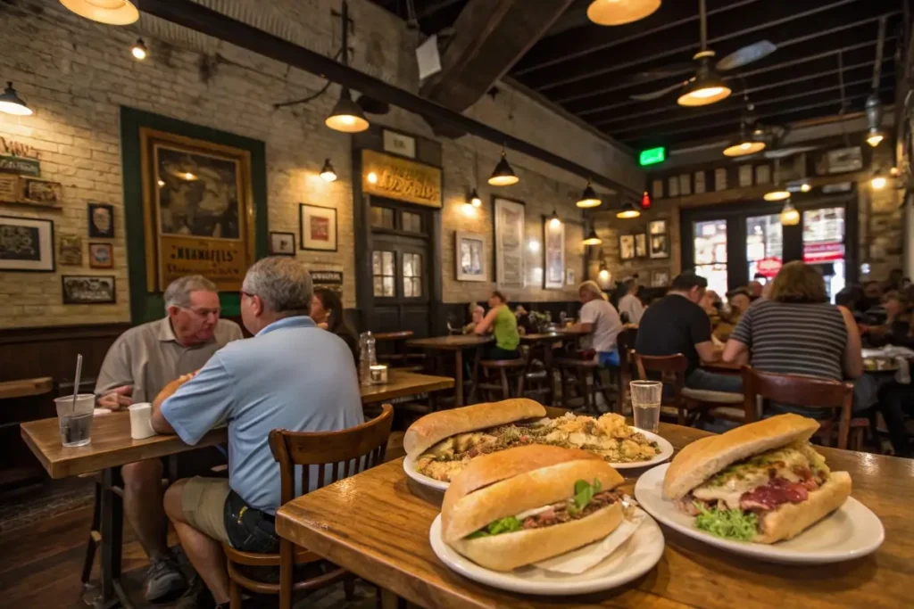 People eating Po'boy in a restaurant . What is a New Orleans Sandwich Called? 