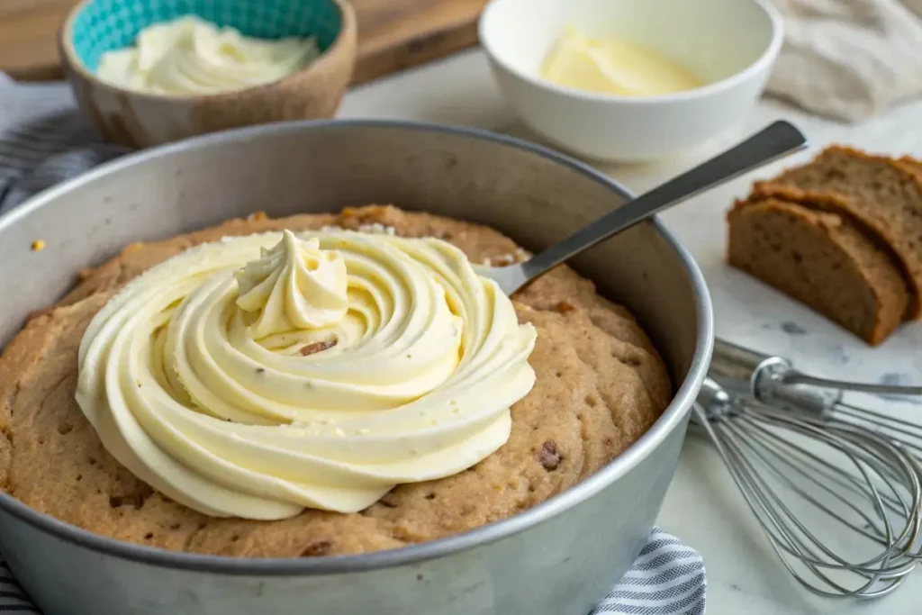 Swirls of cream cheese in hummingbird bread