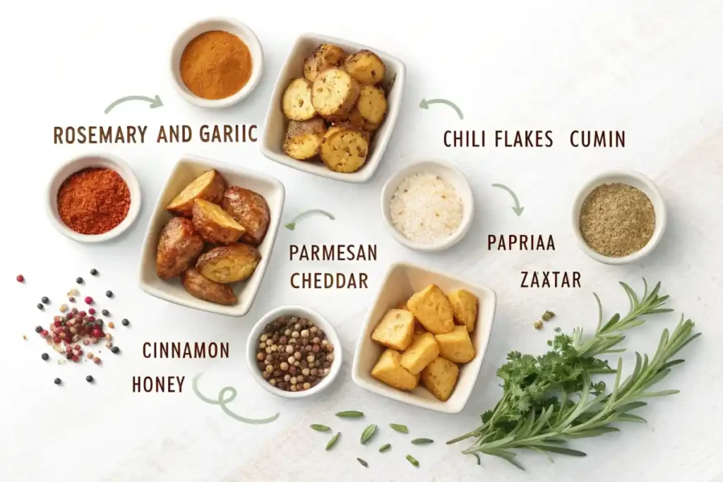 A list of creative and flavorful seasoning ideas for roasted potatoes, from classic herbs to bold spices.